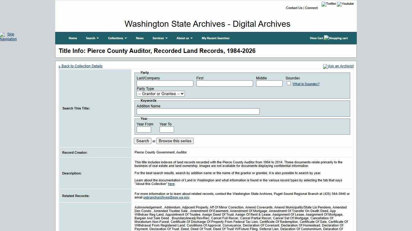 Washington State Archives, Digital Archives - Title Info: Pierce County Auditor, Recorded Land Records, 1984-2026