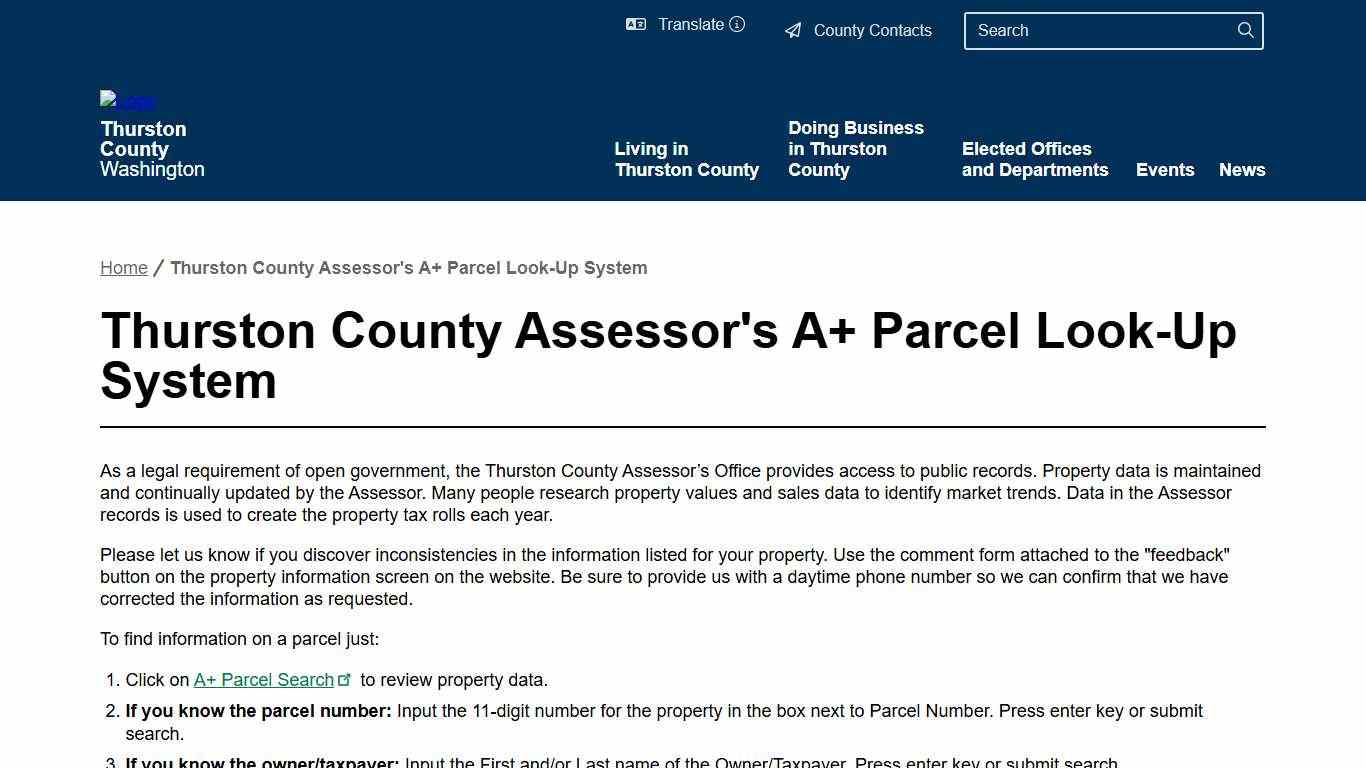 Thurston County Assessor's A+ Parcel Look-Up System Thurston County